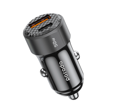 Porodo Car Charger PDCC50WBK - 50W Dual Port, Carbon Fibe...