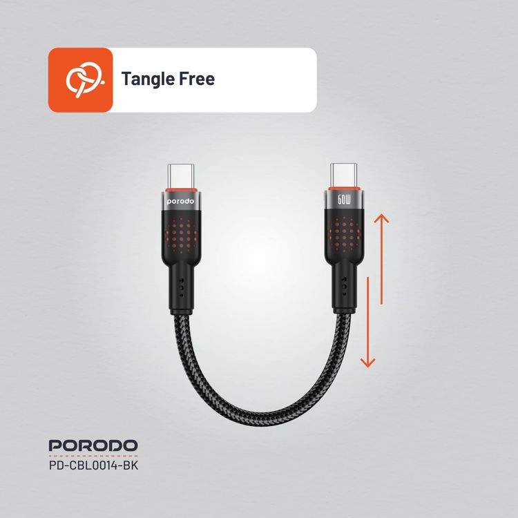 Porodo USB-C to USB-C Cable PD-CBL0014-BK - 25cm, 60W PD, Black