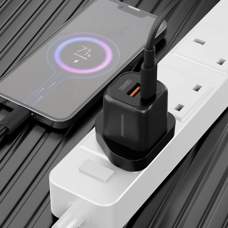 Porodo Fast Charger PD 20W USB-C & USB-A - GaN, Black