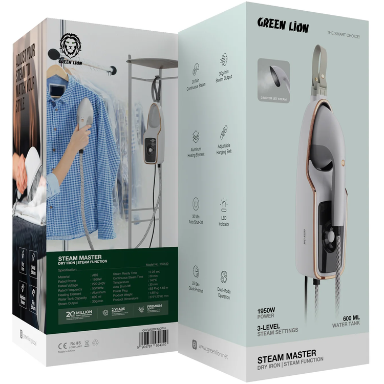Green Lion Steam Master GNSMSBX130WH - 1950W 2-in-1 Steamer & Iron, White