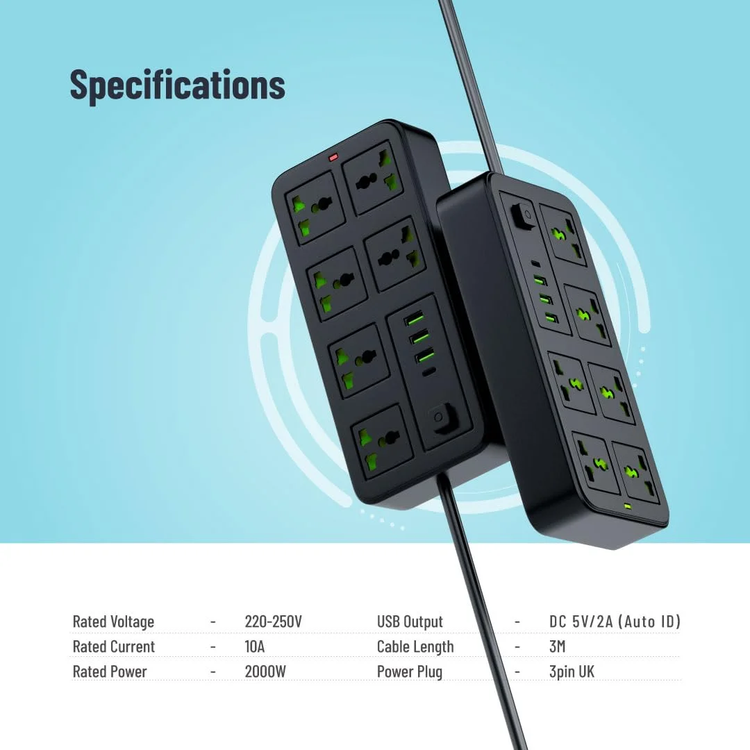 Porodo Power Strip PB6ACPS1C3ABK - 6 Sockets, 3 USB-A & 1 USB-C, Black