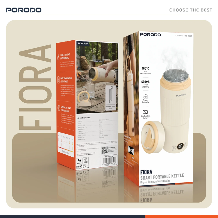 Porodo غلاية محمولة PDSY619ABG - 600 مل USB-C، بيج