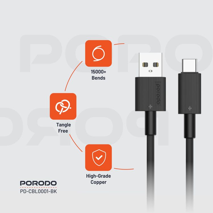 Porodo USB-A to Lightning Cable PDCBL0001BK - 3M, Fast Charging, Black