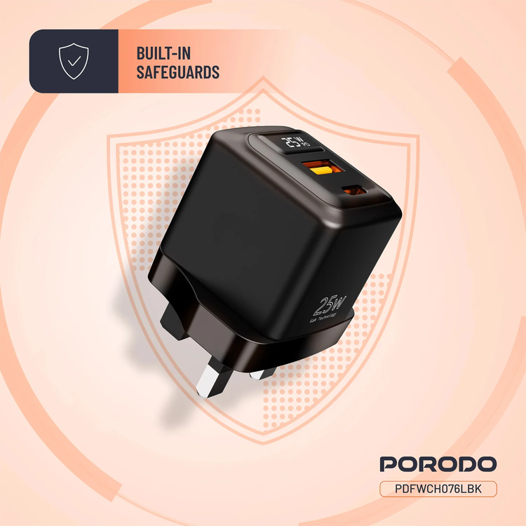 Porodo PD Charger PDFWCH076LBK - GaN Dual-Port 25W with Type-C to Lightning Cable