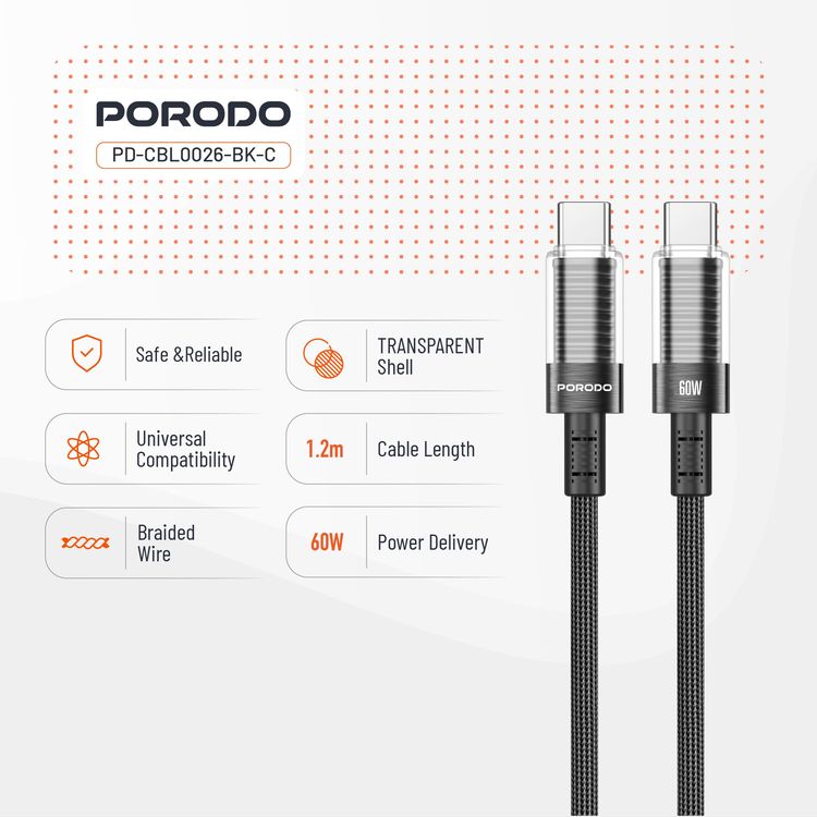 Porodo USB-C to USB-C Cable PD-CBL0026-BK - 60W PD, Braided, Black