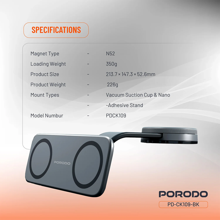 Porodo Dual Magnetic Car Mount PDCK109BK - Vacuum & Adhesive, 360° Rotation, Black