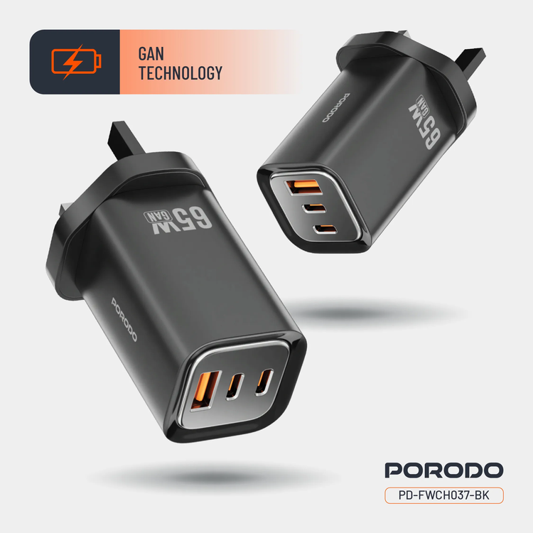 Porodo Wall Charger PD-FWCH037-BK - 65W Triple Output, Black