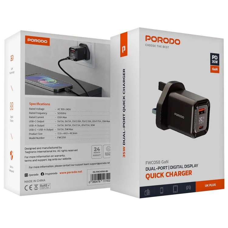 Porodo Dual-Port Quick Charger PD-FWCH058-BK - Digital Display, Black