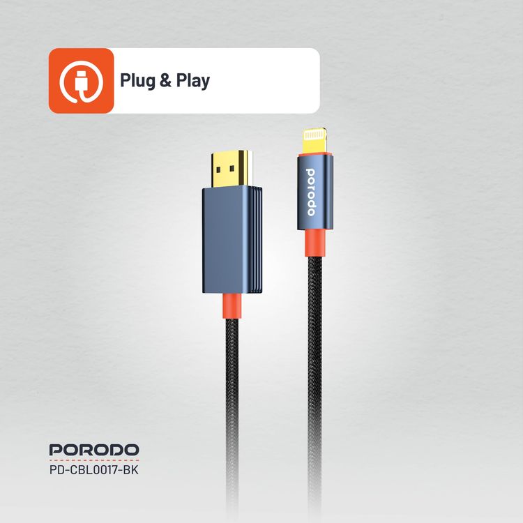 Porodo Lightning to HDMI Cable PD-CBL0017-BK - 2m, 1080P, Black