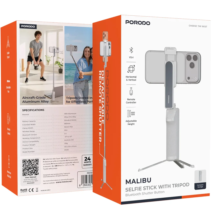 Porodo Selfie Stick with Tripod PDI10WH - White