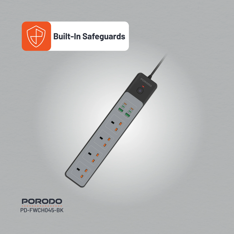 Porodo Power Strip PD-FWCH045-BK - 4AC 65W 3000W, Black
