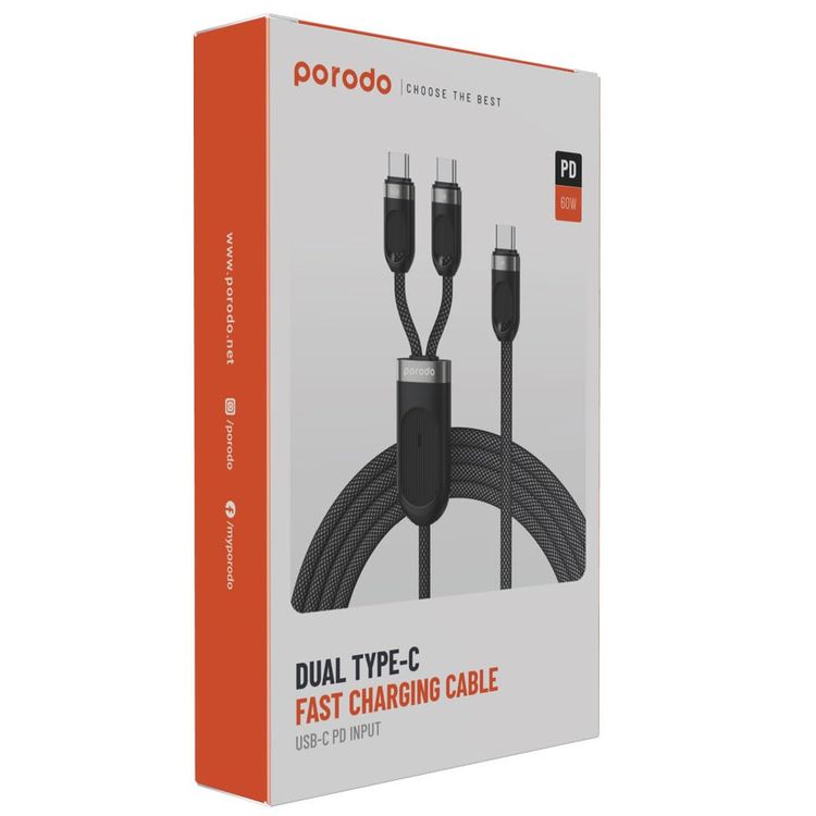 Porodo Charging Cable PD-CBL0019-BK - 2in1 Type-C, 1.2M, 60W, Black