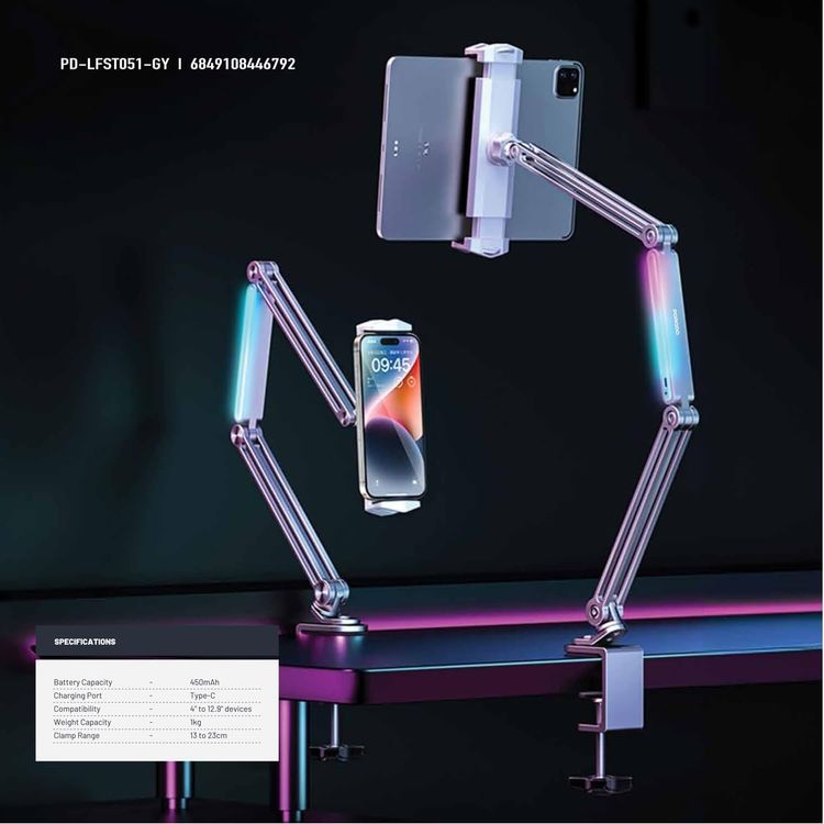 Porodo Cantilever Bracket PD-CBTPMH-GY - Adjustable, Foldable, LED RGB, Gray