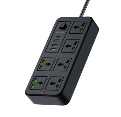 Porodo Power Strip PB6ACPS1C3ABK - 6 Sockets, 3 USB-A & 1 USB-C, Black
