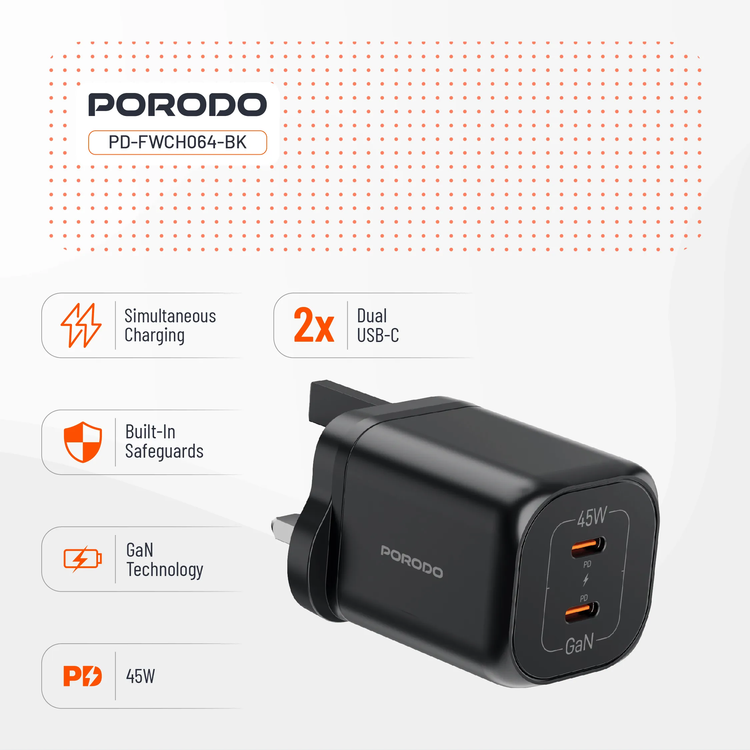 Porodo Dual USB-C Quick Charger PDFWCH064BK - 45W, Black