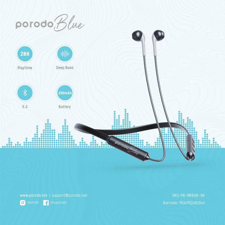 Porodo Neckband Earbuds PB-NKBAB-BK - ENC, Bluetooth 5.3, Black