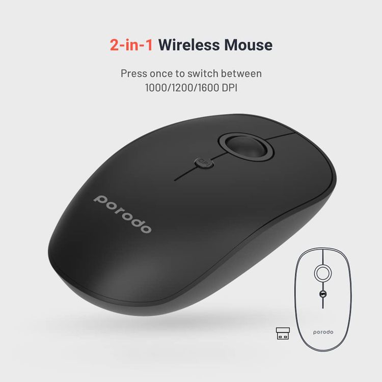 Porodo Wireless Bluetooth Mouse PD-WM24BT-BK - 2.4GHz, Black