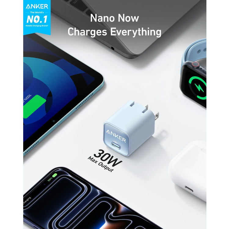 Anker Nano Pro Adapter, 30W GaN Fast Charger, PIQ 3.0 - Blue