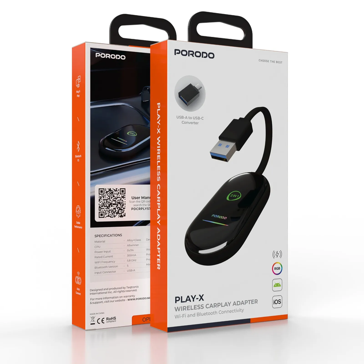Porodo Wireless CarPlay Adapter Play-X PDCRPLYS7BK - 2-in-1 Android Auto & CarPlay, Black