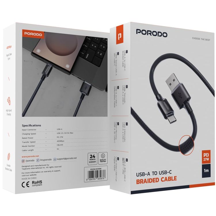 Porodo USB-A to USB-C Cable PDCBL0035BK - 27W Fast Charging, 1m Braided, Black