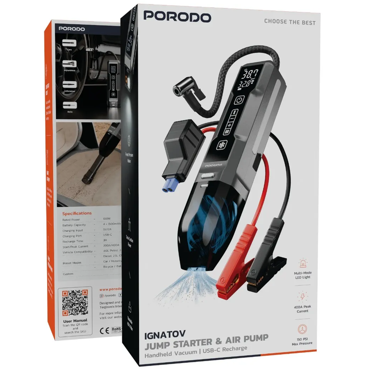 Porodo Jump Starter IGNATOV PDJS41BK - Air Pump & Vacuum, Black