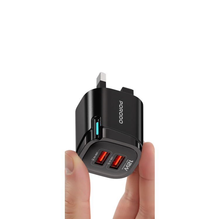 Porodo Wall Adapter PDFWCH110ACBK - Dual USB-A Ports with USB-A to USB-C Cable, Black