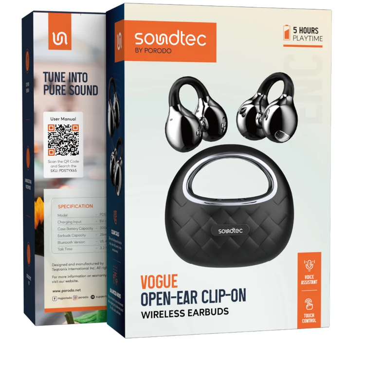 Porodo Wireless Earbuds Vogue PDSTYX65BK - Open-Ear, Touch Control, Black