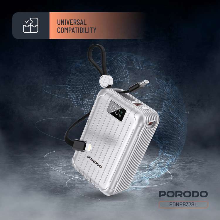 Porodo Power Bank Petite PDNPB37SL - 20000mAh, Type-C & Lightning, Silver