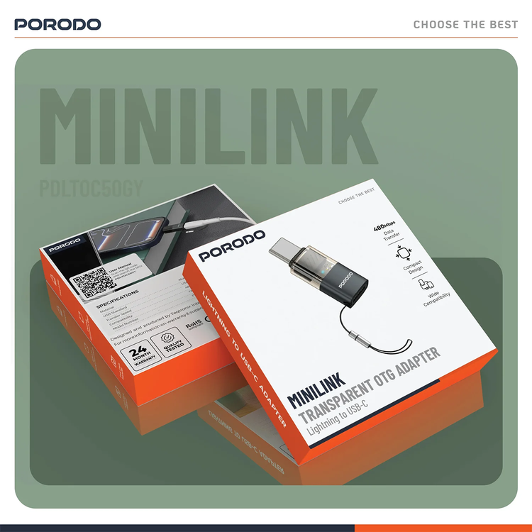 Porodo MiniLink Lightning to USB-C OTG Adapter PDLTOC50 - Grey