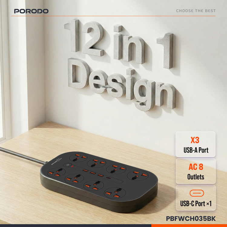 Porodo Power Strip PBFWCH035BK - 8 AC Outlets, USB-C & USB-A, Black
