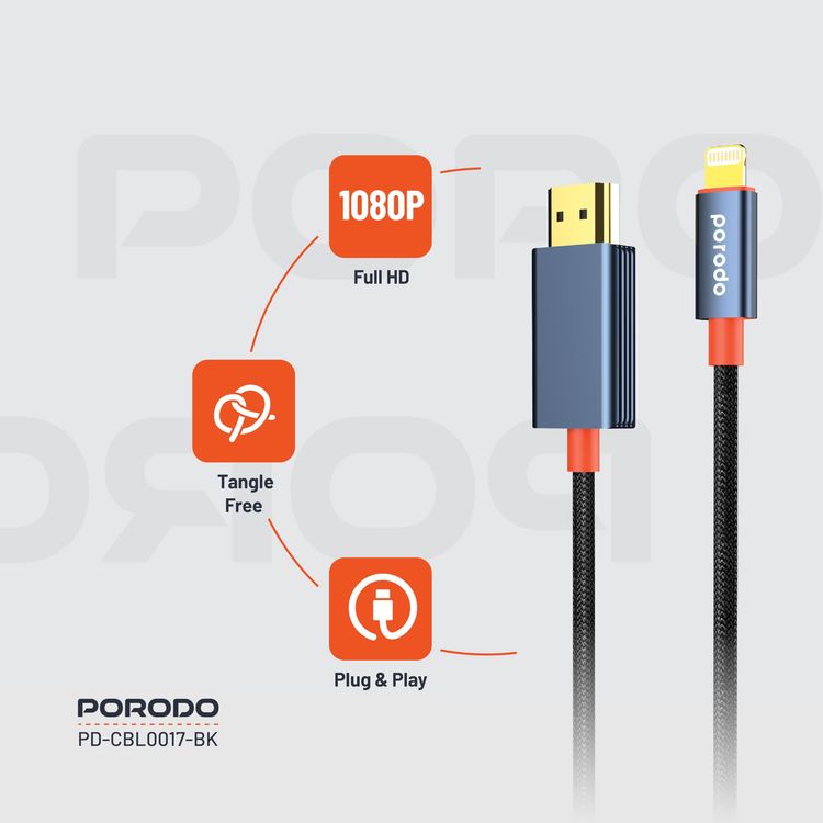 Porodo Lightning to HDMI Cable PD-CBL0017-BK - 2m, 1080P, Black