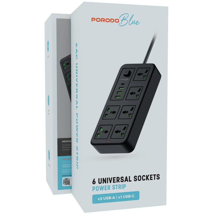 Porodo Power Strip PB6ACPS1C3ABK - 6 Sockets, 3 USB-A & 1 USB-C, Black
