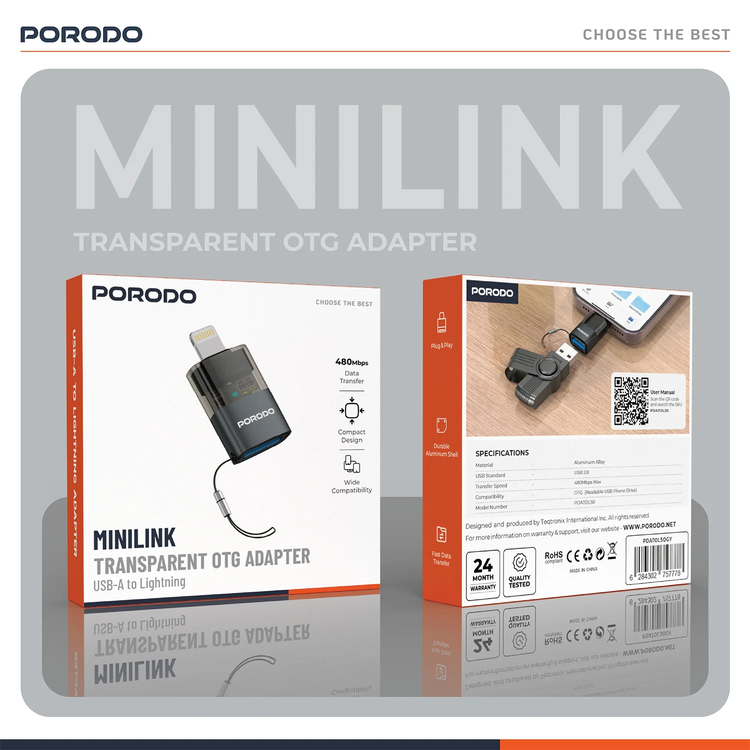 Porodo MiniLink USB-A to Lightning OTG Adapter PDATOL50 - Grey