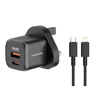 Porodo Fast Charger PD 20W USB-C & USB-A - GaN, Black