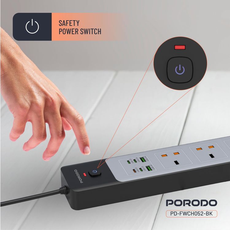 Porodo Power Strip PDFWCH045WH - 4 AC Outlets, 6 USB Ports, 3M Cord, Black