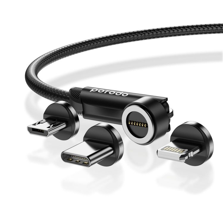 Porodo Magnetic 3in1 Braided Cable PD-31MGC-BK - Rotating Connector, Black