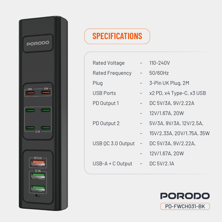 Porodo USB Charging Hub PDFWCH031BK - 85W Multi-Port, Black