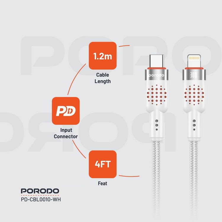 Porodo USB-C to Lightning Cable PDCBL0010WH - 1.2m Braided, Fast Charging White