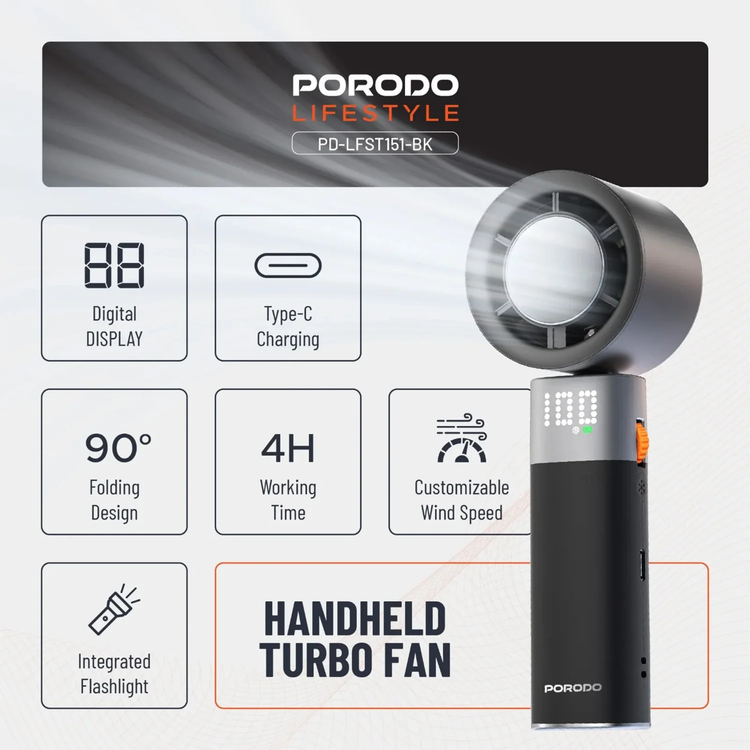 Porodo Handheld Turbo Fan PDLFST151BK - Adjustable Speed, Black