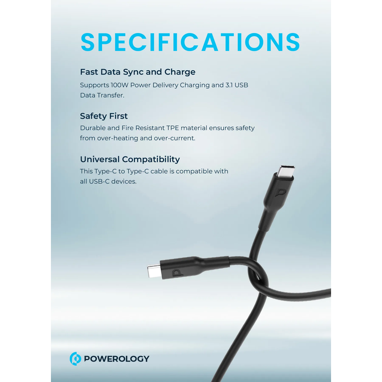 Powerology USB-C to USB-C Cable PCCPD2BK - 100W Fast Charge, Black