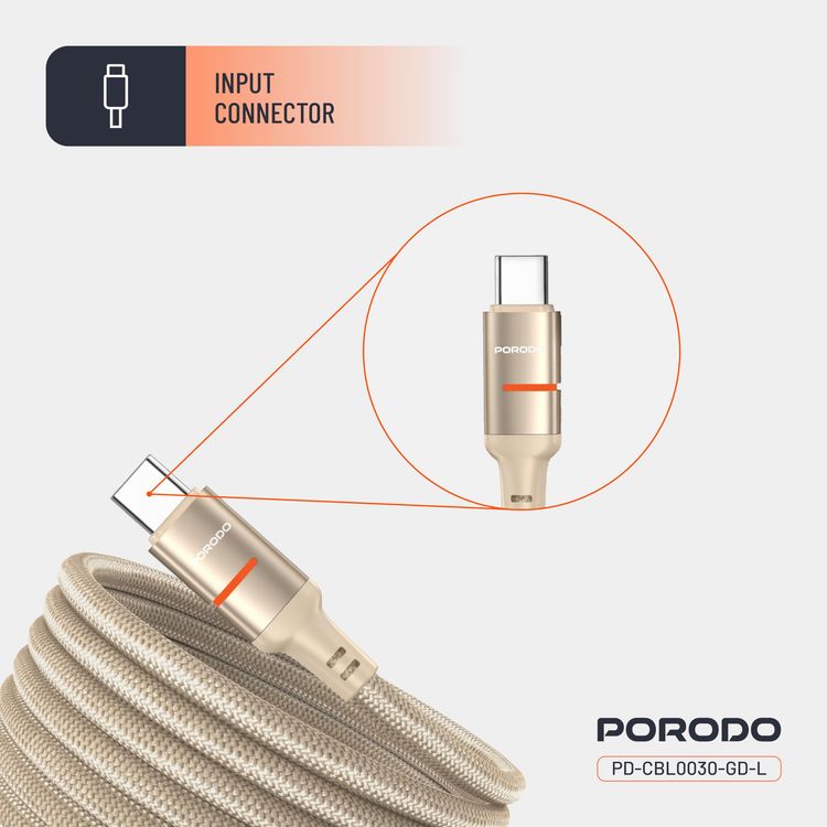 Porodo Magnetic Braided Cable PD-CBL0030-GD-L - 30W PD, Type-C to Lightning, Gold