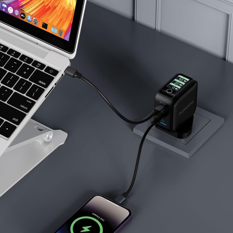 Porodo GaN Charger PDWCP5265BK - 65W 3-Port with LCD Display, Black