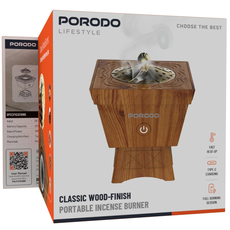 Porodo Incense Burner PDLFSTB10BR - Portable Wooden, Auto-Off, Brown