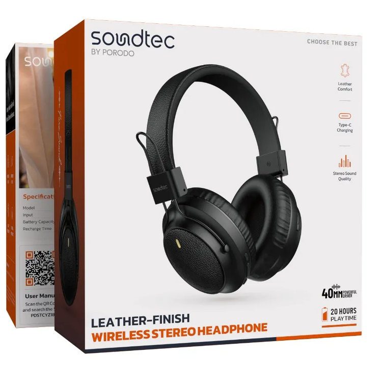 Porodo Wireless Stereo Headphones PDSTCYZ18BK - Leather Finish, Black