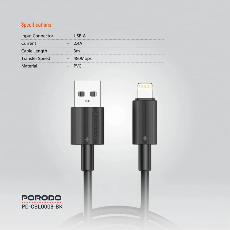 Porodo USB A to Lightning Cable 3m, PD-CBL0006-BK - Black