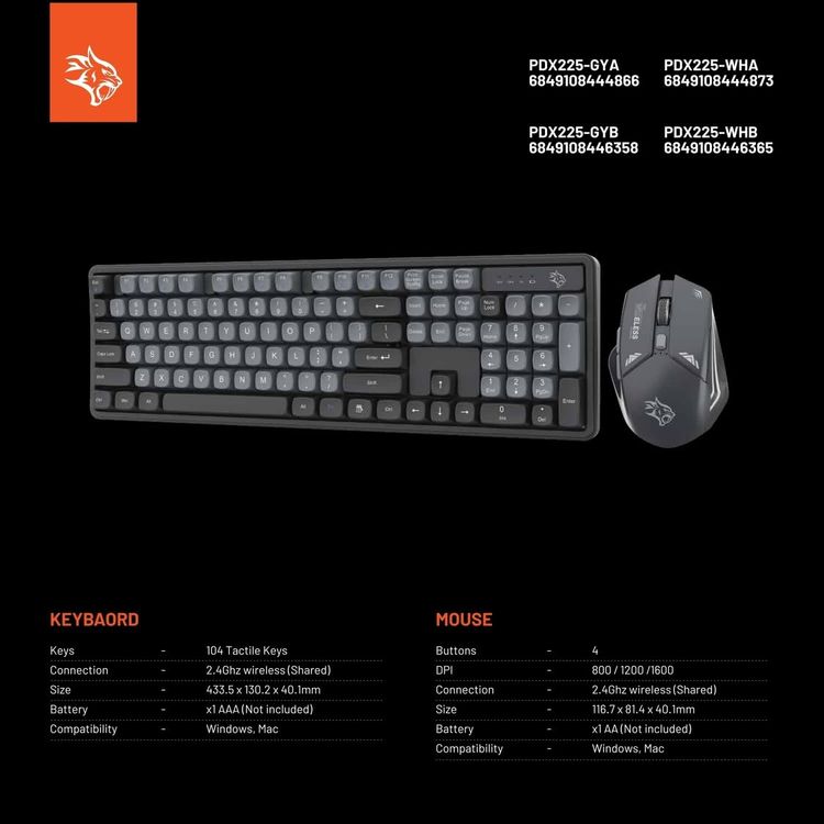 Porodo Wireless Keyboard & Mouse Set PDX225-GYB - Arabic Keys, Grey