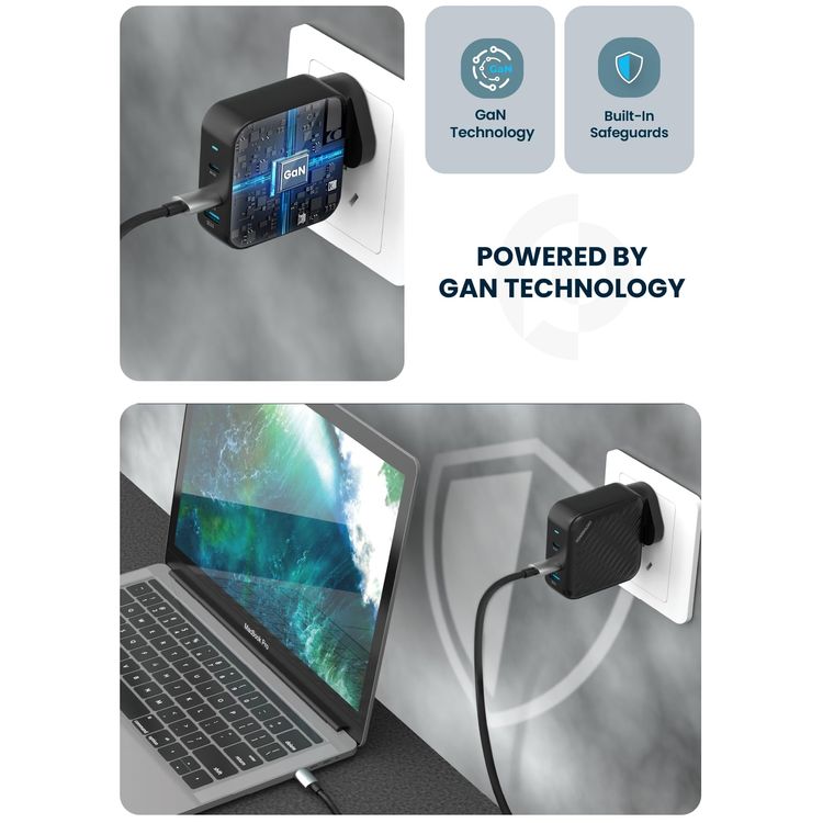 Powerology GaN Charger PWCUQC022 - 140W Dual PD, USB-A 18W, Black