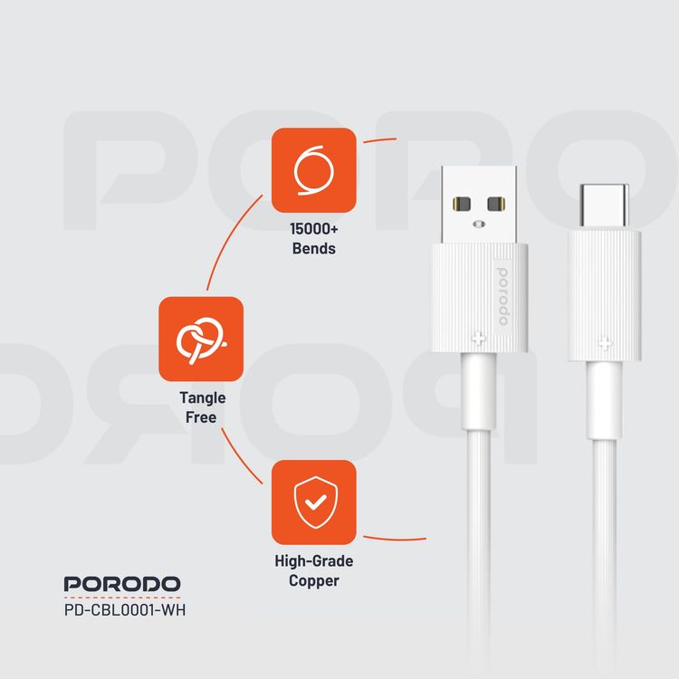 Porodo USB-A to Lightning Cable PDCBL0001WH - Fast Charging, White