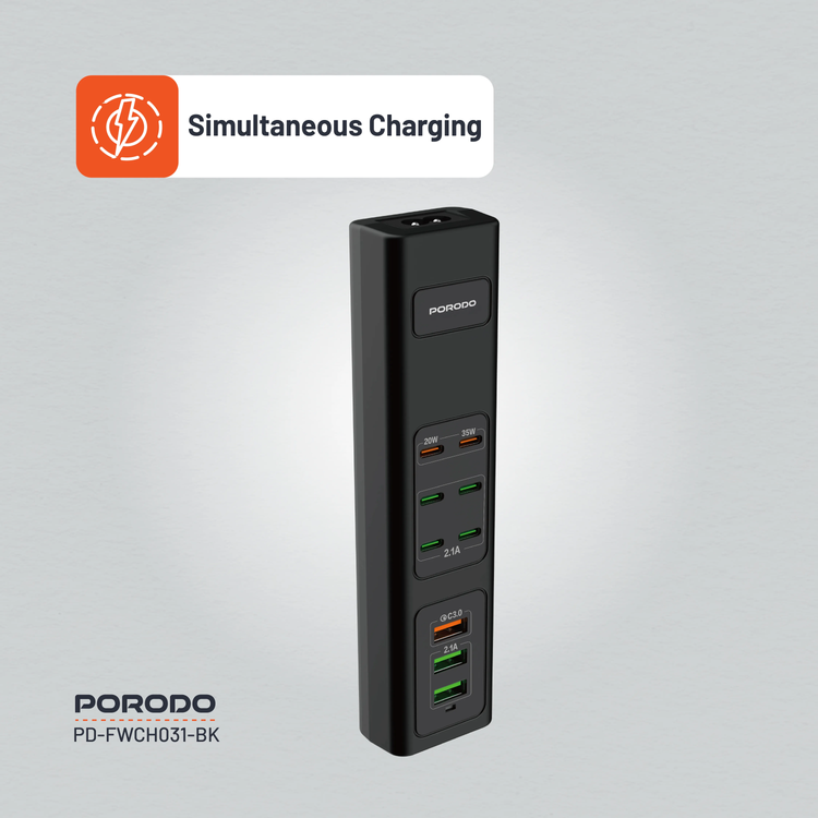 Porodo USB Charging Hub PDFWCH031BK - 85W Multi-Port, Black