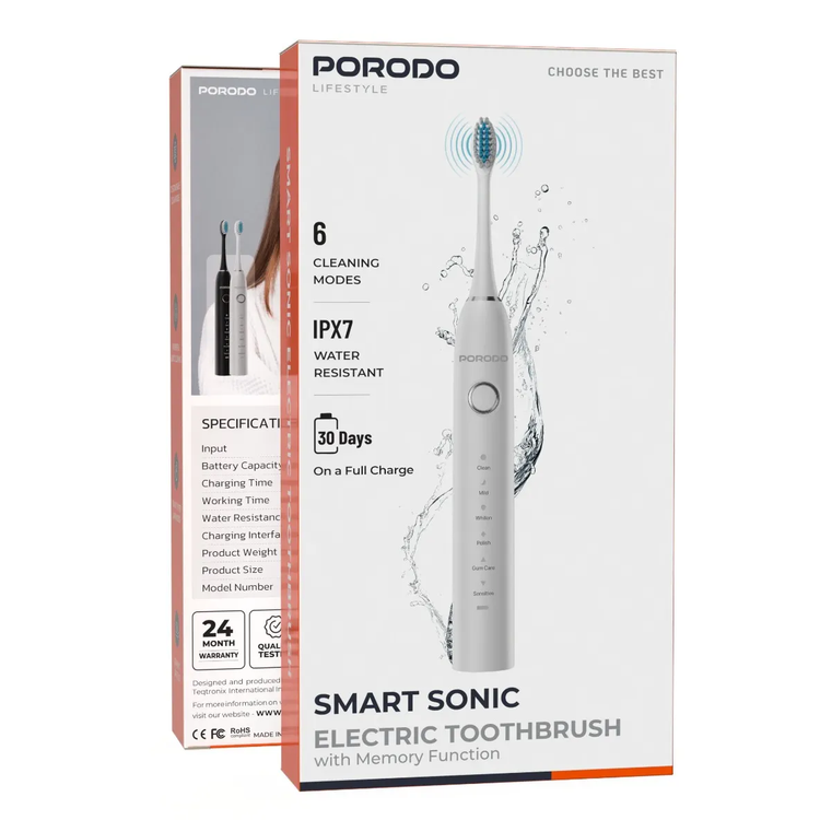 Porodo Electric Toothbrush PDLFSTXCA8WH - Smart Sonic, White